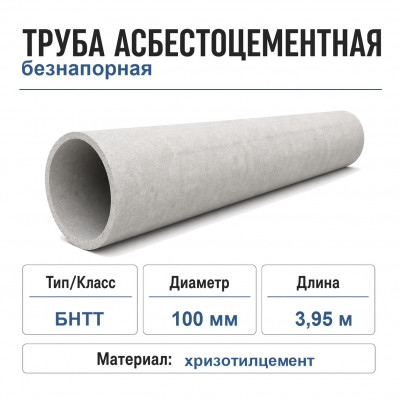 Труба асбестоцементная 100 мм, безнапорная 3,95 м БНТТ (ГОСТ) Труба асбестоцементная 100 мм, безнапорная 3,95 м БНТТ (ГОСТ)
