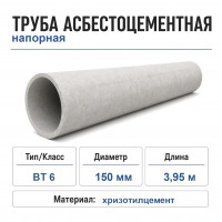 Труба асбестоцементная 150 мм, напорная 3,95 м (ВТ-6) Труба асбестоцементная 150 мм, напорная 3,95 м (ВТ-6)